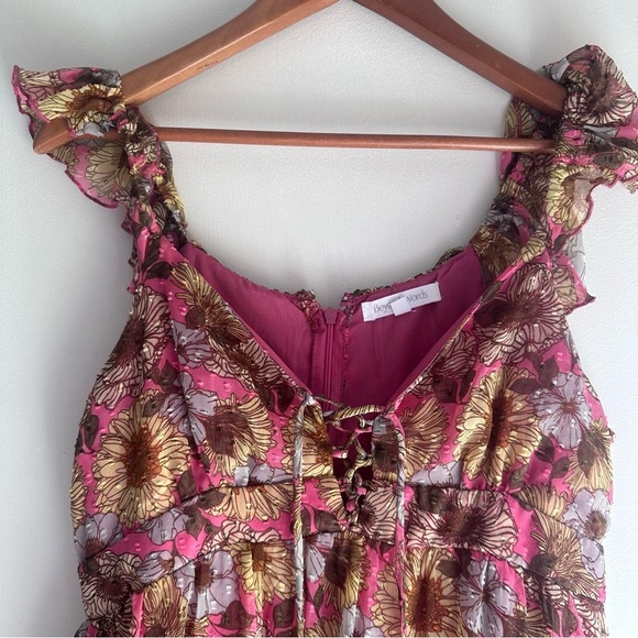 Beyond Words Floral Tiered Dress Pink Yellow Ruffle Size M - Picture 2 of 5